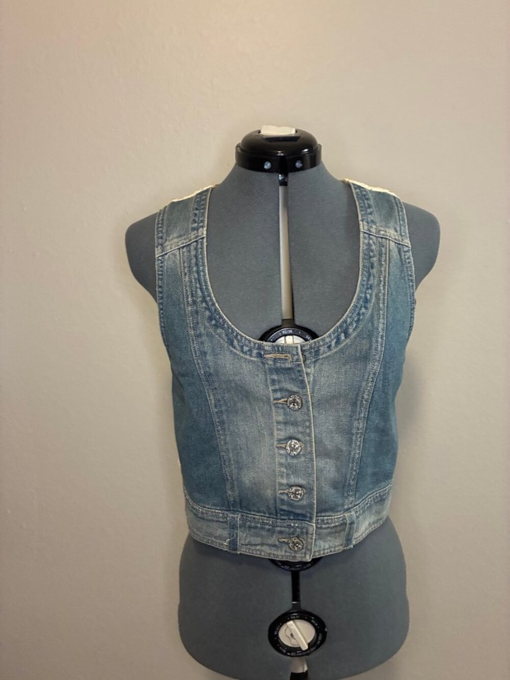 Free People Denim Vest XS Lace Back Cropped